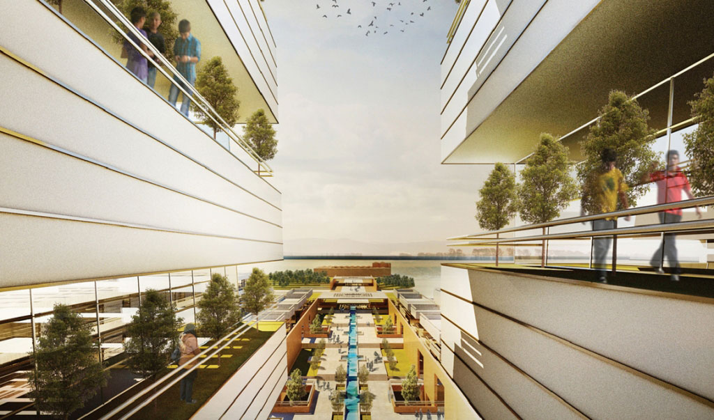 Exterior perspective from residential hotel tower at the end of main axis of the Persian Garden